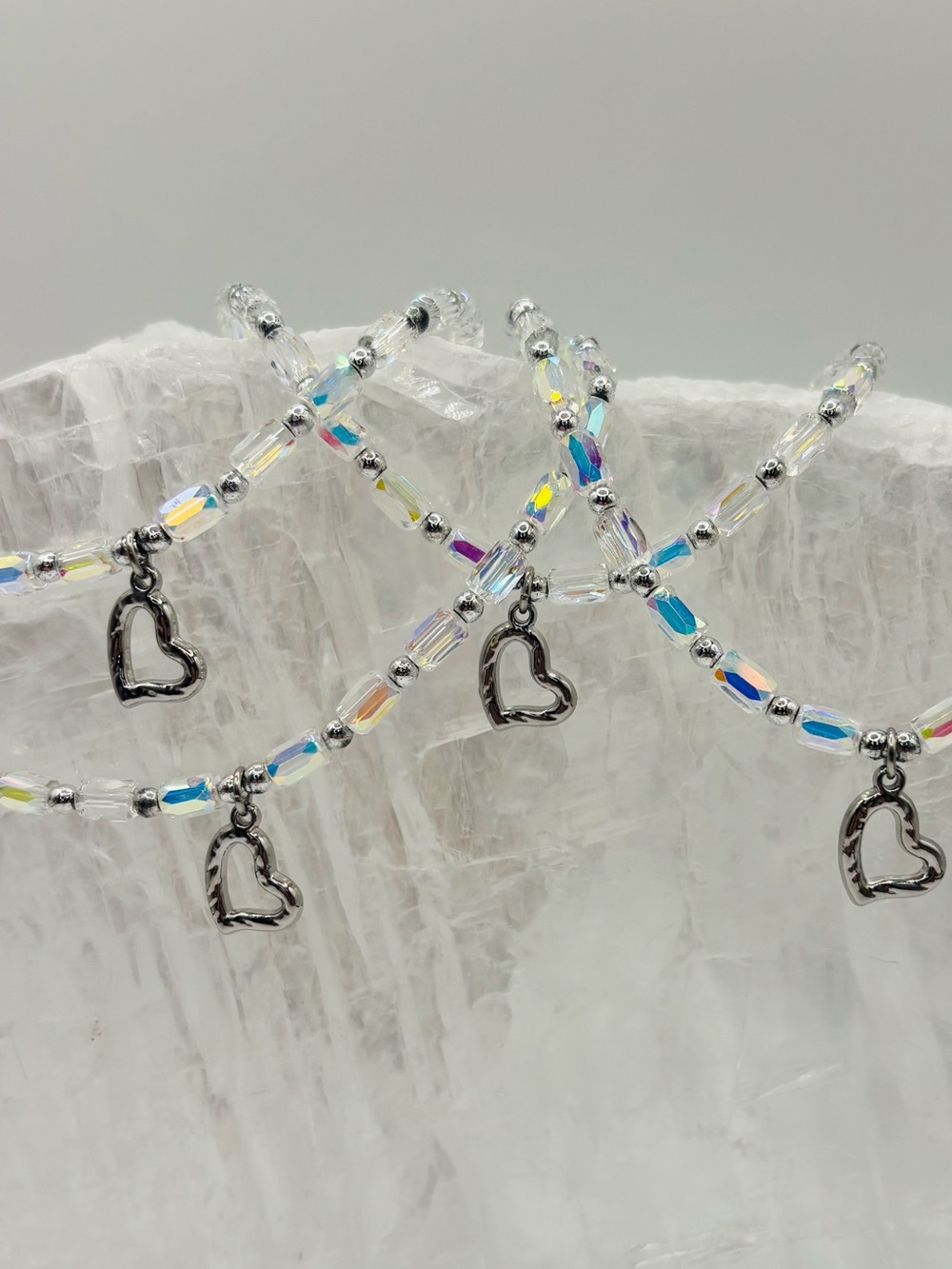 *Anklet* S. Steel Silver Heart & AB Crystal Stretchy Ankle Bracelet - Picture 3 of 7